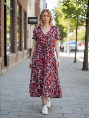 Knox Rose Red Floral V-Neck High-Low Midi Dress w/ Drawstring & Button Up Front